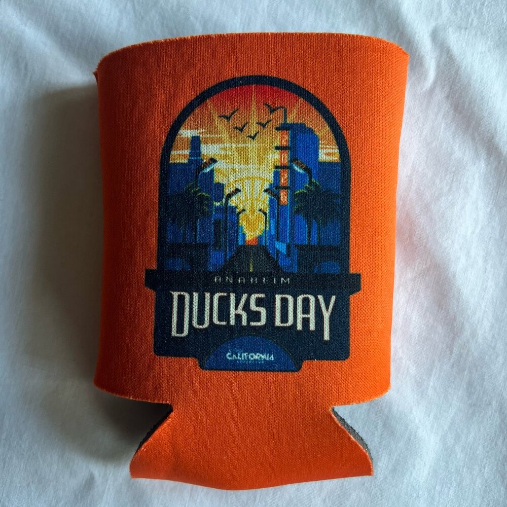 Disneyland Magic Key Anaheim Ducks Day Orange Koozie Thermal Drink Sleeve - NEW